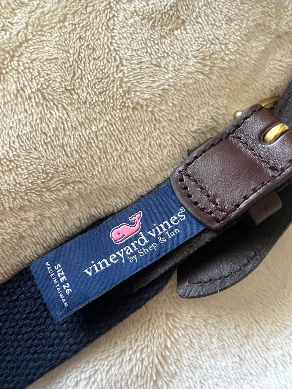 Vineyard Vines Navy Belt with Pink Whale and Brown Leather Trim